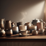 Et varmt, innbydende bord med forskjellige kopper og krus i keramikk, porselen og glass med en kopp kaffe som avgir damp, naturlig lys og nordisk stil