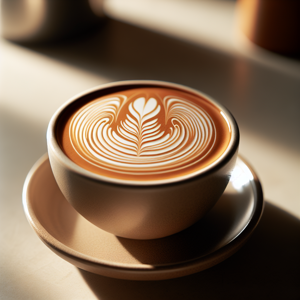 Nærbilde av en perfekt laget latte i keramikkopp med glossy mikrofoam og rosetta-mønster, varm atmosfære, myk dagslys, minimalistisk bakgrunn