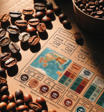 Nærbilde av ulike ristede kaffebønner i forskjellige nyanser ved siden av etiketter for sporbarhet og et lite kart som viser opprinnelse, varmt naturlig lys