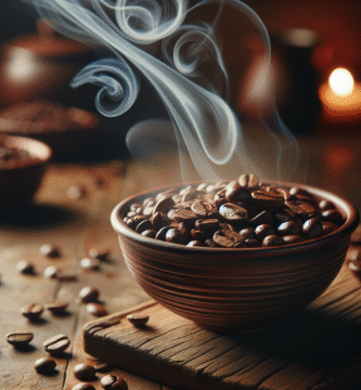 Nærbilde av ferske arabicabønner i en keramisk skål på et rustikt trebord, varme naturlige farger, lette dampspiraler i bakgrunnen, skarp detaljrikdom og bløtt lys