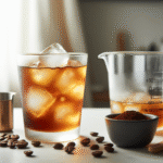 Nærbilde av et glass med gyllent cold brew-kaffe på is, ved siden av grovmalte kaffebønner og en enkel målebeger, i lyst, moderne kjøkkenmiljø