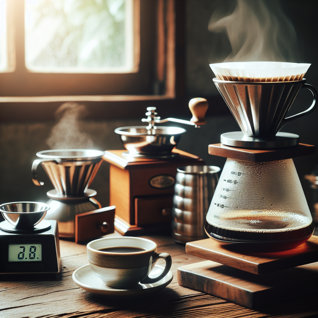 Nærbilde av kaffefat med filtertrakter og kaldbrygg-karaffel på trebord, presisjonsvekt, kvern, varme damp og naturlig vinduslys