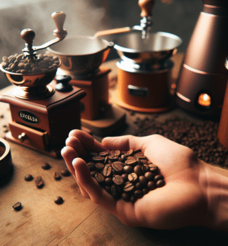 Nærbilde av Excelsa kaffebønner i en hånd, varme toner, lett damp, kvern og filterutstyr i bakgrunnen, skandinavisk minimalisme