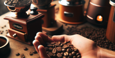 Nærbilde av Excelsa kaffebønner i en hånd, varme toner, lett damp, kvern og filterutstyr i bakgrunnen, skandinavisk minimalisme